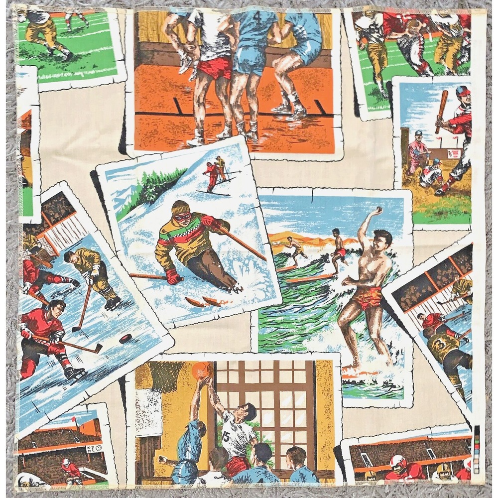 Retro Nostalgic Sports 1950's Fabric Swatch SKI SURF HOCKEY 24" sq Bound Edges